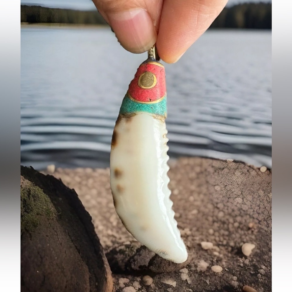 Unique Ethnic Tribal Colorful Fish & Tooth-Shaped Shell Amulet Pendant 3”in Tall